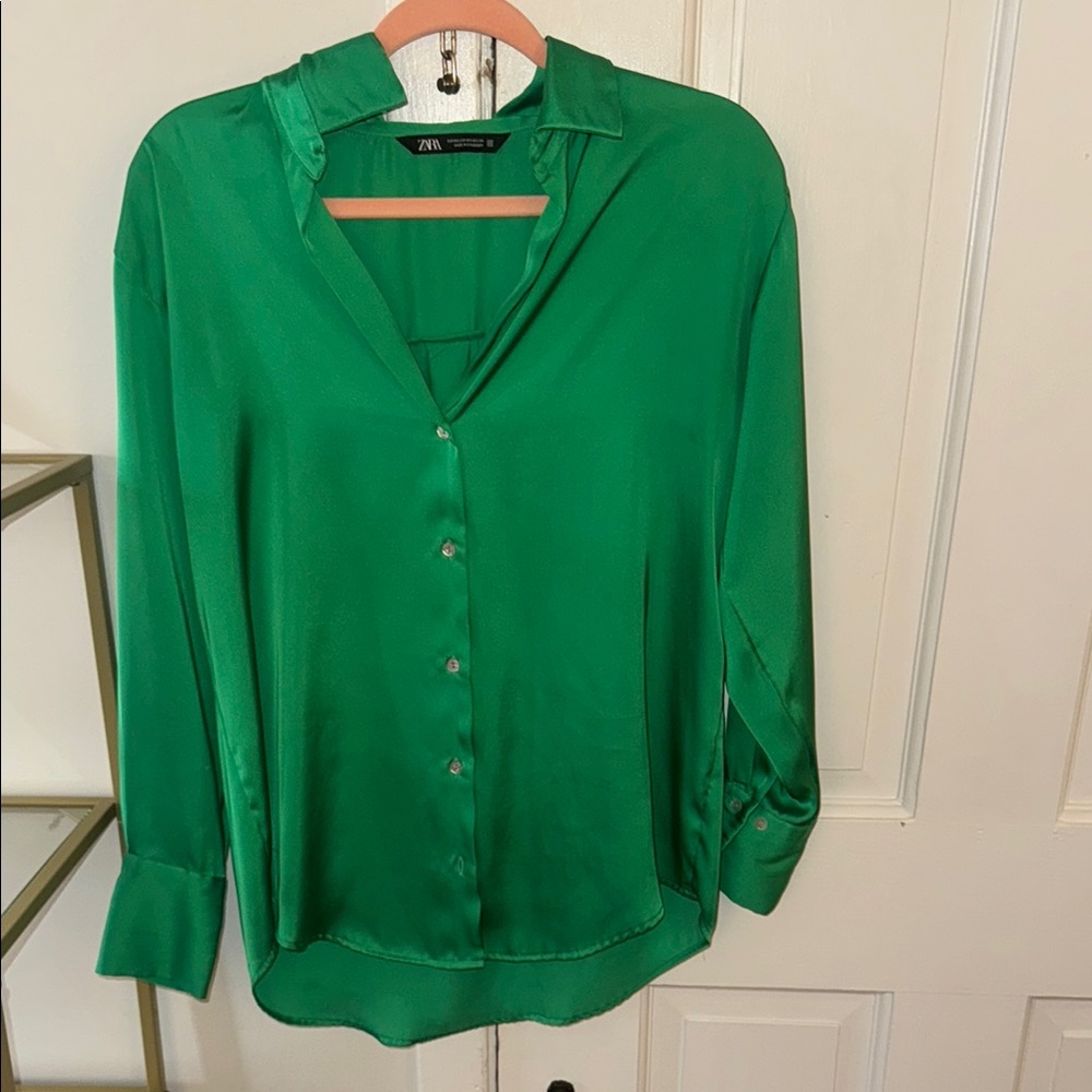 Zara Green Long Sleeve Notched Collar Blouse